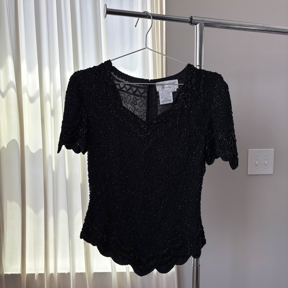 80s Vintage Papell Boutique Hand Beaded Top 100% Silk Small Art Deco 90s Glam